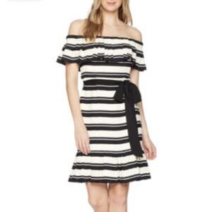 Halston Heritage Black and White Striped off shoulder  Dress